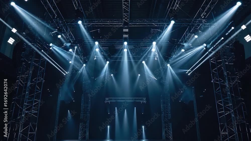 Poster A stage lit up by many lights creating various effects, useful for event or concert visuals