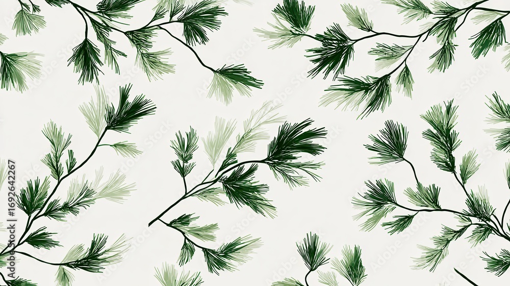 Poster pine branches forming seamless pattern, rendering natural, elegant design suitable for textiles, wal