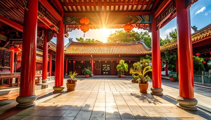 A sun-drenched Asian temple courtyard
