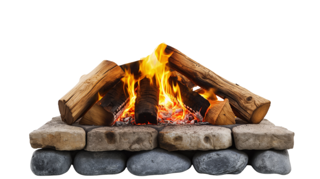 Burning firewood in stone fireplace.  Flames crackling in rustic hearth with stacked logs. Isolated on transparent background, png