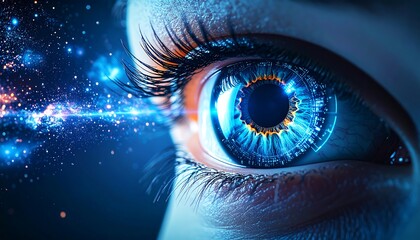 Close-up of an eye, glowing with digital energy