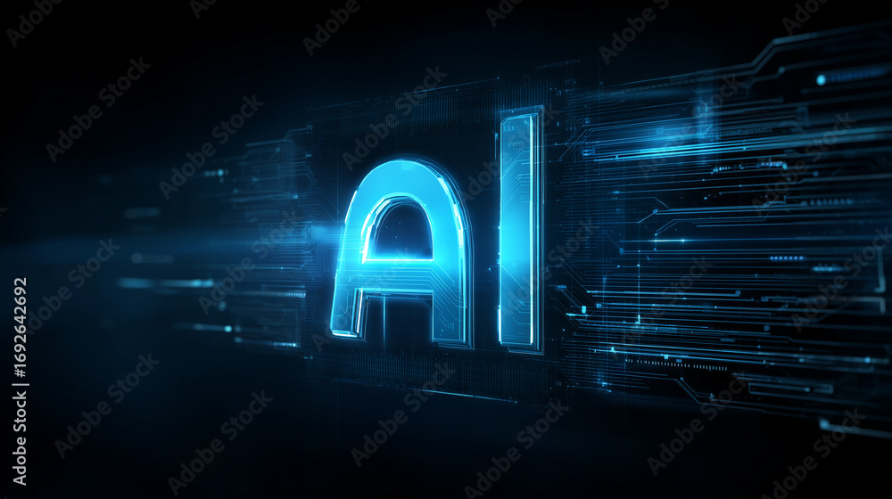 Poster an abstract futuristic deep blue-black background with glowing blue text 