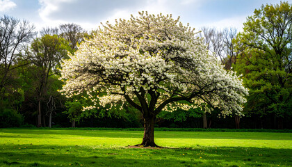 Fototapeta premium Vibrant green trees fill the peaceful park landscape under a clear blue sky
