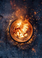 Fiery circle of flames in a metal bowl