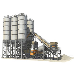 Obraz premium Industrial concrete mixing plant with cement silos and mixer truck white background