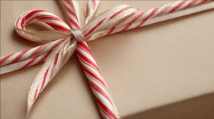 Fototapeta premium Christmas gift wrapped in kraft paper, featuring candy cane accent and golden ribbon, evoking warm holiday spirit and festive seasonal charm