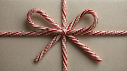 Festive red white candy canes tied in elegant bow, adorning beige gift box with cheerful holiday spirit and decorative charm