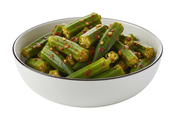 新鮮な調理済みオクラのボウル 白い背景に鮮やかな緑色の野菜とスパイスのクローズアップ