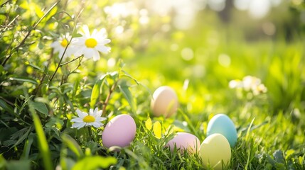 Lively spring garden with fresh greenery and blooming flowers for an Easter event with pastel colored eggs nestled among the plants and soft sunlight illuminating the vibrant setting