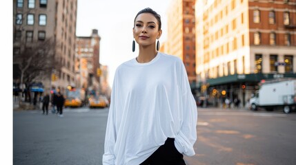 Stylish female standing on bustling manhattan street, wearing oversized white shirt and black pants, with blurred yellow taxis and pedestrians behind her during bright daylight