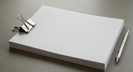 Stack of white papers with a clip and pen.
