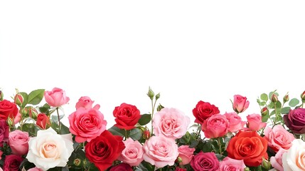 Naklejka premium Assorted pink and red roses with green leaves on white background Keywords: rose, roses, photo