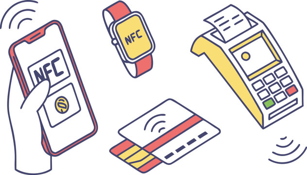 Nfc payment methods concept with smartphone, smartwatch, credit card and pos terminal