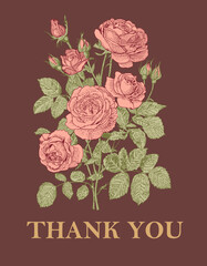 Roses fabric blooming realistic isolated flowers. Vintage background. Set thank you wildflowers. Wallpaper baroque. Drawing engraving. Vector illustration