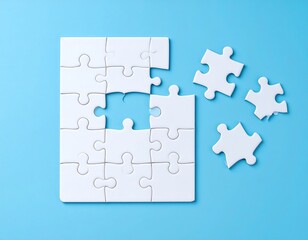 A white jigsaw puzzle with a missing piece on a light-blue background