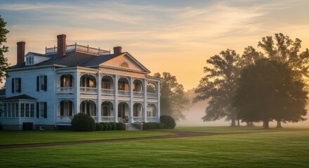 Historic Southern Plantation Home at Sunrise with Morning Mist