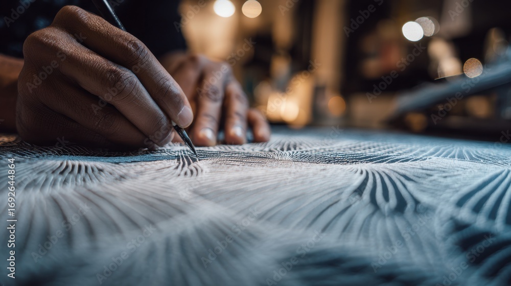 Poster closeup of a designers hands adjusting a custom logo print on fabric with detailed stitching in focu