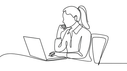Woman working on laptop computer in minimalist continuous line drawing style