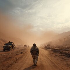 Vast empty battlefield with single soldier and dusty vehicles