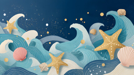 Dreamy Ocean Waves with Starfish and Seashells Illustration