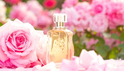 Perfume bottle amidst roses