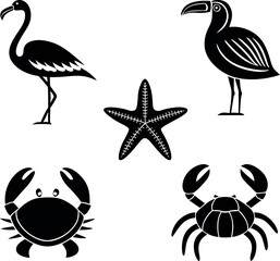 Obraz premium Tropical birds and sea creatures silhouette 