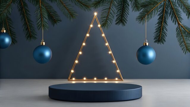Festive Christmas Display with Blue Ornaments, Evergreen Branches, and a Luminous Golden Triangle on a Round Navy Pedestal