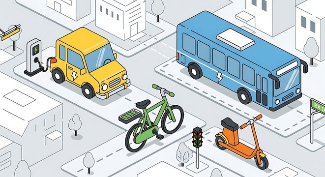 Isometric city street with diverse urban transportation modes. - Powered by Adobe