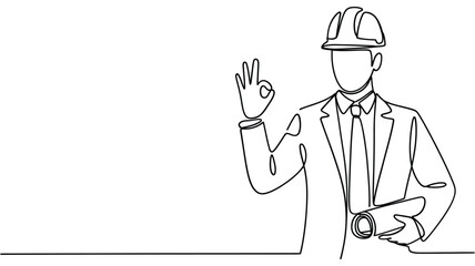 Construction worker in hard hat giving ok gesture with blueprints in hand