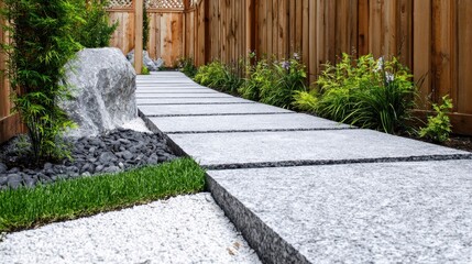 Fototapeta premium Granite tile pathway meandering through carefully landscaped garden with verdant plants, decorative stonework, wooden fence bordering serene outdoor setting