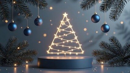 Glowing Christmas Tree and Festive Blue Ornaments A Captivating Holiday Display of Light and Decoration