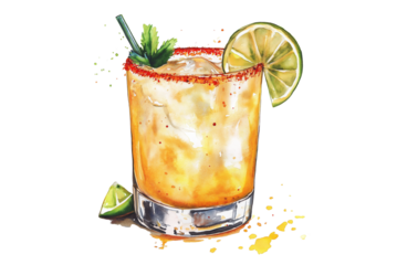 Spicy Margarita Watercolor Illustration on Transparent Background. Watercolor Cocktail Art of Spicy Margarita Isolated PNG.