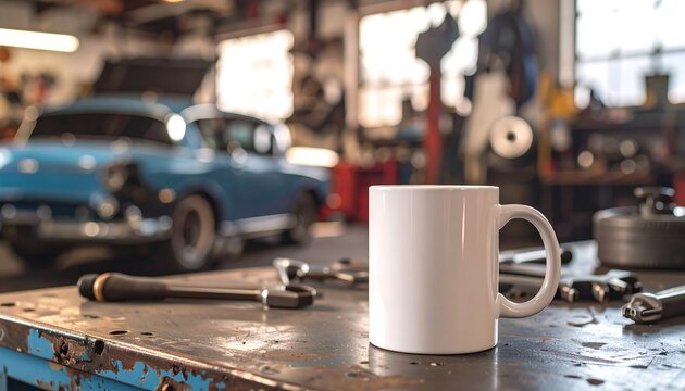 A white mug sits on a workbench in a garage