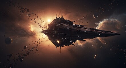 Massive alien spaceship in deep space with asteroid field.