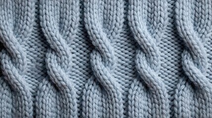 Close up cable knit fabric revealing soft wavy texture in light blue, highlighting intricate knitwear pattern suitable for fashion, winter design, crafting backgrounds