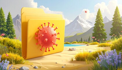 A yellow folder with a virus graphic, nestled in a serene landscape