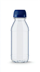 A clear plastic water bottle with a blue screw cap is positioned upright on a white surface. The background is bright and minimal, showcasing the bottle's design and color