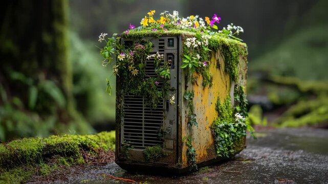 Old Computer Tower Covered in Moss and Flowers on Green Mossy Forest Floor with Blurred Background Revealing the Circle of Life