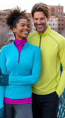 Fototapeta premium Two fitness enthusiasts are smiling while standing close together in an urban park. They sport colorful athletic wear and enjoy a sunny day with a modern city backdrop