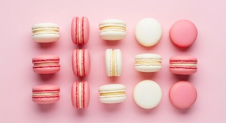 Obraz premium Delicious Pink and White Macarons on Pink Background - Flat Lay Food Photography