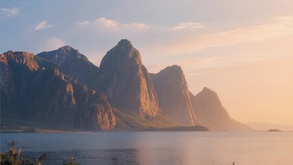 Majestic Mountains Reflecting in Calm Ocean Waters at Sunset
