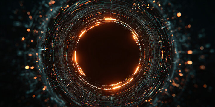 Glowing circular digital tunnel with orange highlights - AI generated
