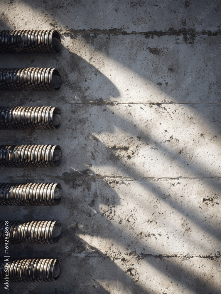 Poster coiled cables mounted to a concrete wall creating structured shadows in a minimalist environment