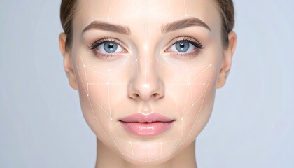 A close-up portrait of a fair-skinned woman with blue eyes, rosy lips, and a network of white lines overlaying her face, suggesting facial analysis or cosmetic procedure mapping