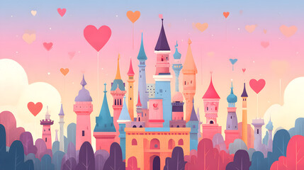 Fantasy Castle with Colorful Towers and Floating Heart Balloons