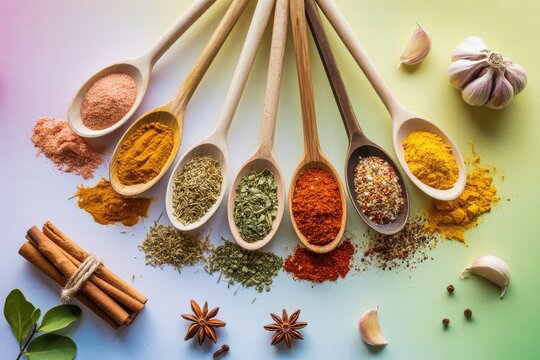 Assortment of Spices in Wooden Spoons with Culinary Ingredients - Powered by Adobe