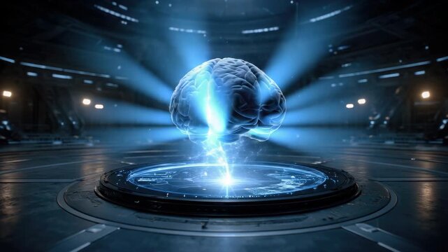 Futuristic digital brain model with glowing neural connections depicting artificial intelligence in a high-tech sci-fi environment