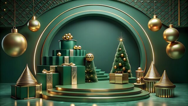 Elegant Christmas Display Featuring Green Gifts and Gold Accents on a Tiered Stage with Golden Ornaments