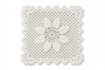 Crochet doily with floral design isolated on transparent background, showing intricate needlework and handmade craftsmanship