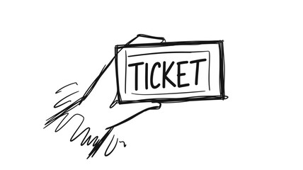 Hand holding a simple hand drawn ticket with the word ticket written on it